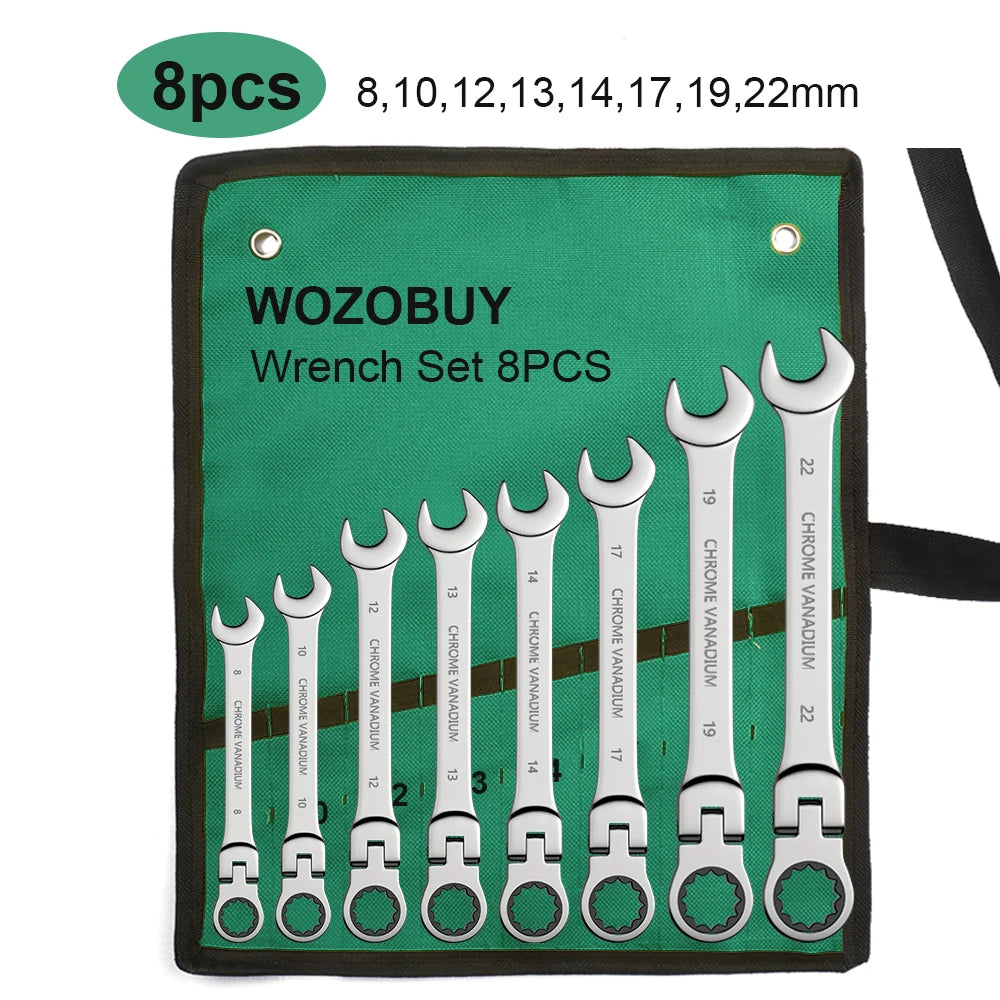 WOZOBUY Flex-Head Ratchet Wrench Set – 6-22mm Chrome Vanadium 72-Tooth with Canvas Bag