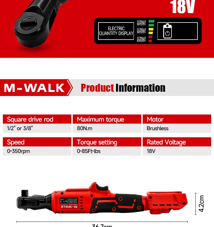M-WALK 18V Cordless Brushless Ratchet Wrench – Right Angle, 80Nm, 1/2" & 3/8" Drive