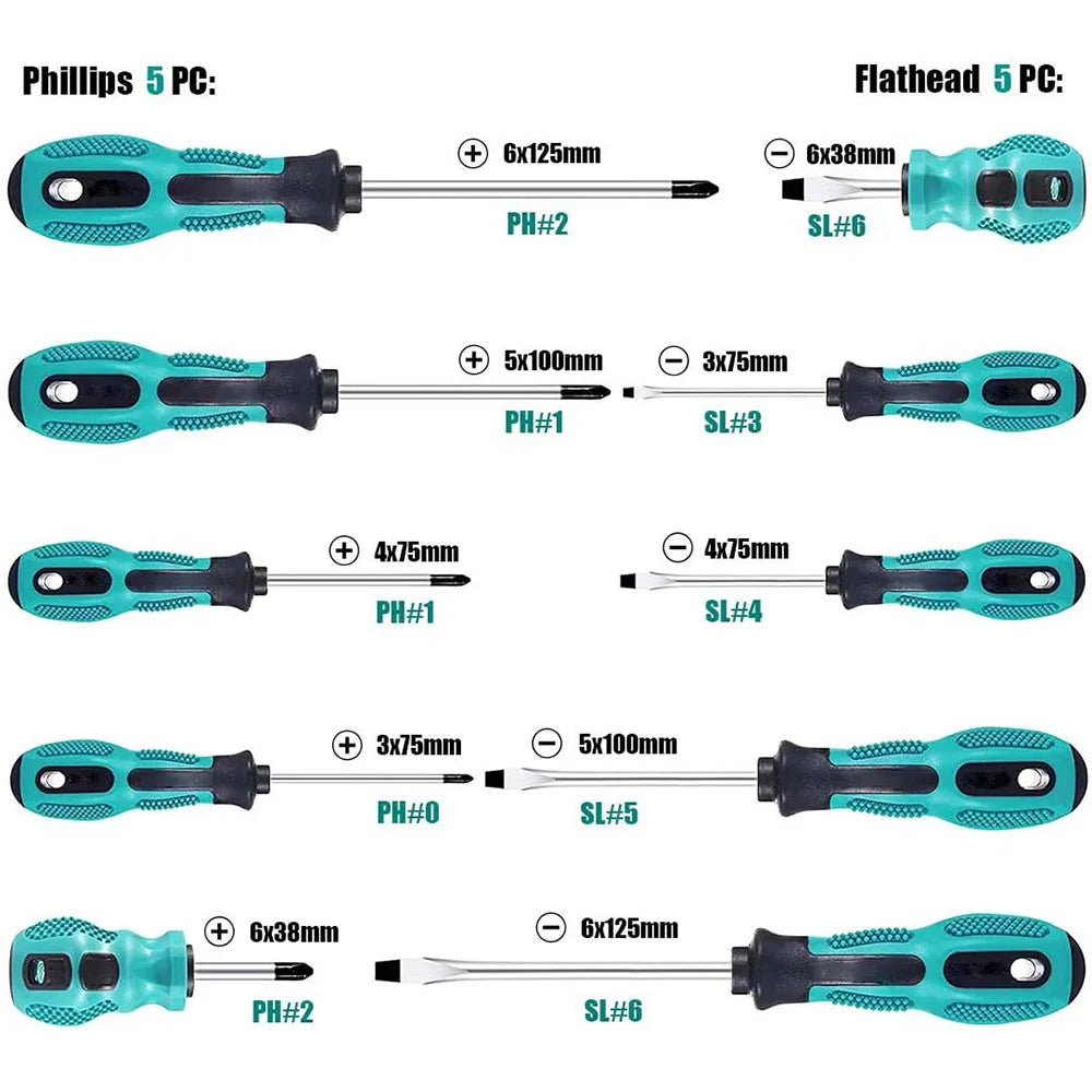 10pc Magnetic Screwdriver Set – Chrome Vanadium Phillips & Flat Head with Non-Slip Handle