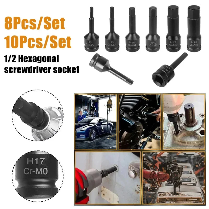 1/2" Drive Hex Impact Bit Socket Set | Cr-Mo Steel | 8pc (H5-H19) or 10pc (H5-H19) | Pneumatic & Battery Tools