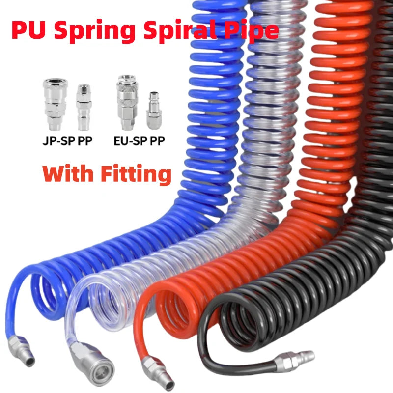 PU Spring Spiral Air Hose with Fittings – 6/9/12/15M Flexible Pneumatic Compressor Hose