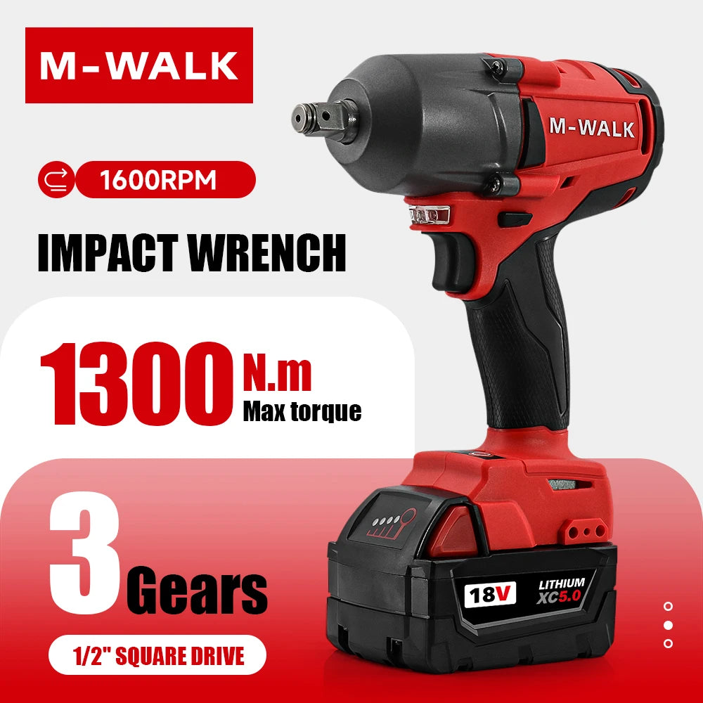 M-WALK 18V Brushless Cordless Impact Wrench – 1300Nm, 1/2" Drive, Milwaukee M18 Compatible (Tool Only)
