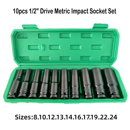 10pc 1/2" Drive Deep Impact Socket Set – CR-V Steel 8-24mm Metric with Storage Case