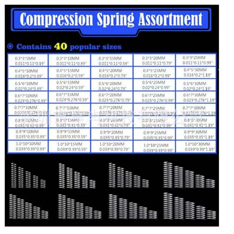 304 Stainless Steel Compression Spring Assortment Kit – 200pcs / 40 Sizes