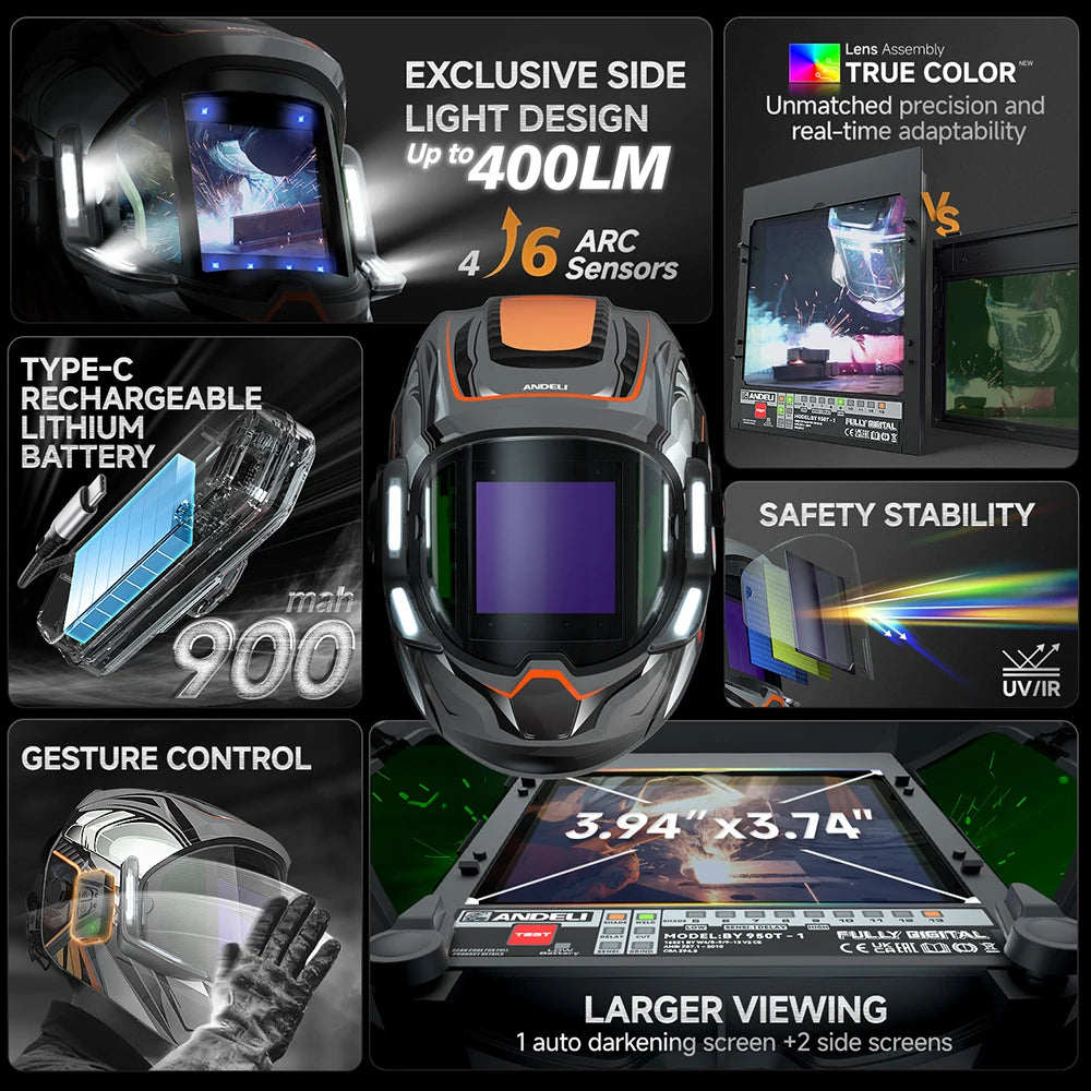 ANDELI Auto-Darkening Welding Helmet | 6 Arc Sensors | 1/1/1/2 Optic | Large View | CE Certified