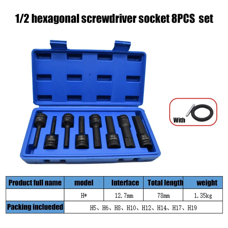 1/2" Drive Hex Impact Bit Socket Set | Cr-Mo Steel | 8pc (H5-H19) or 10pc (H5-H19) | Pneumatic & Battery Tools