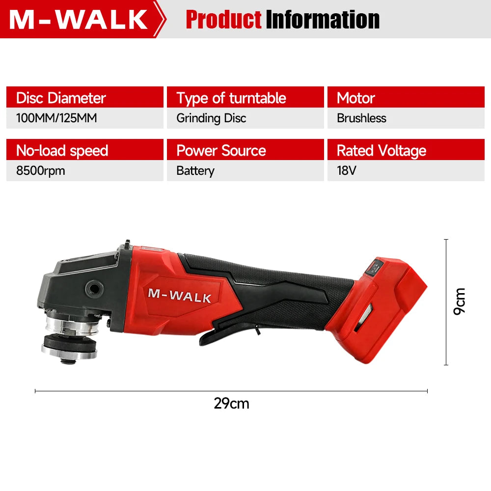 M-WALK 18V Brushless Angle Grinder – 8500RPM, 100mm or 125mm, Milwaukee M18 Compatible (Tool Only)