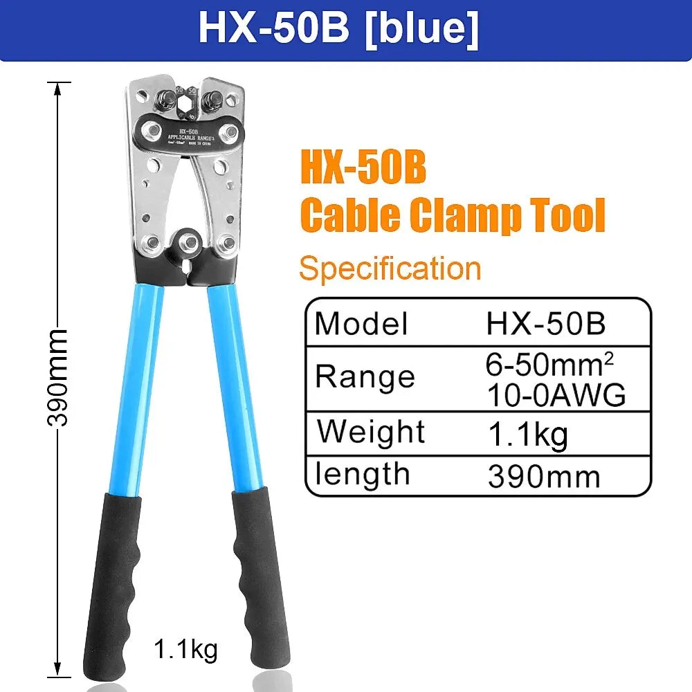 HX-50B Ratchet Crimping Pliers 6–50mm² (AWG 10–1/0) with Rotating Dies & Wire Cutter