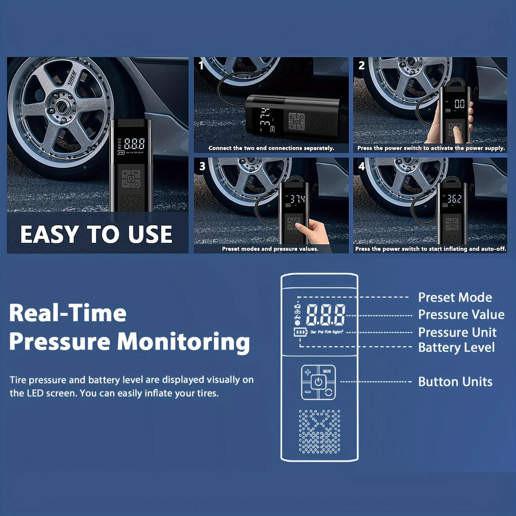 Cordless Portable Tyre Inflator 150PSI – 3x Faster with Digital Gauge for Car, Bike & Motorcycle